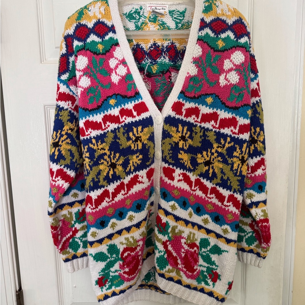 Vintage Talbots Cardigan Sweater, M, Cotton, Flowers, Floral, Pink, Blue, Red